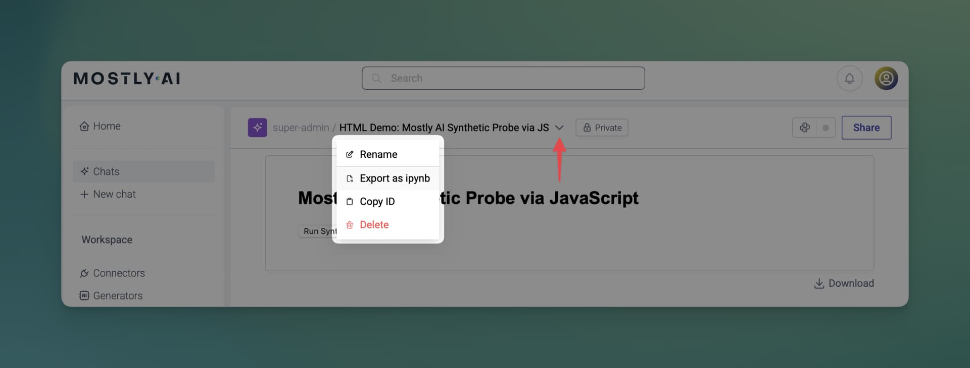 MOSTLY AI - Assistant - Export as Jupyter Notebook - Click kebab menu