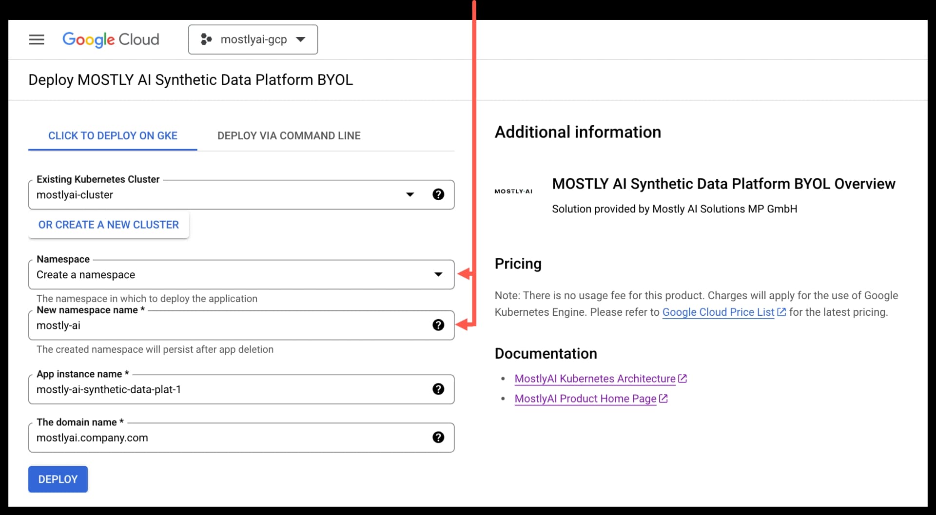 GCP Marketplace - Select namespace