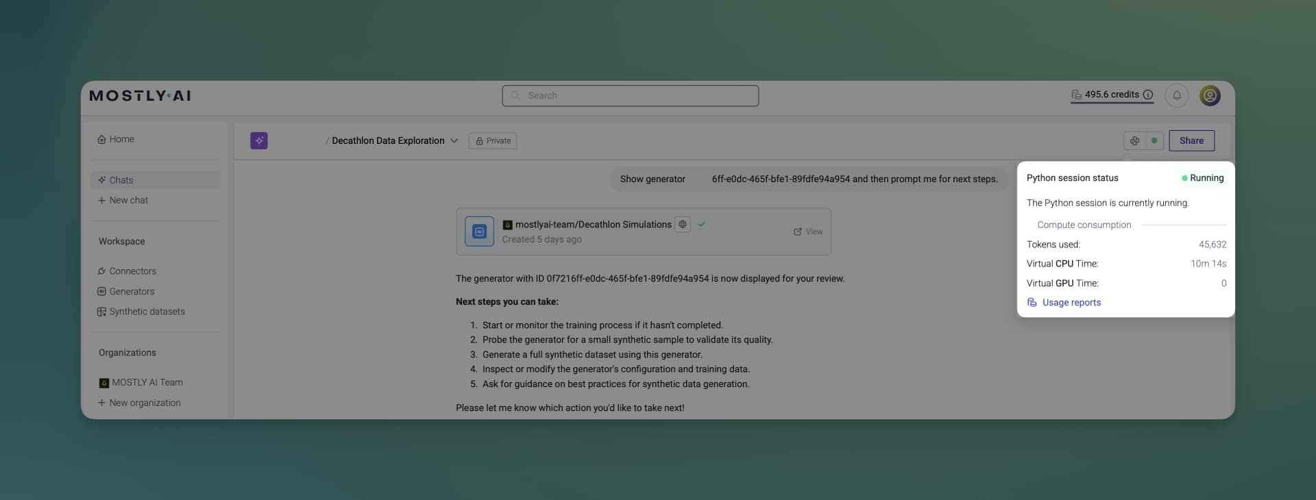 MOSTLY AI - Usage and credits - Token Consumption plus Virtual CPU and GPU times